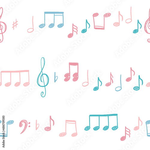 Seamless music texture - notes and clefs doodle fashion print pattern. PNG graphics with transparent background.