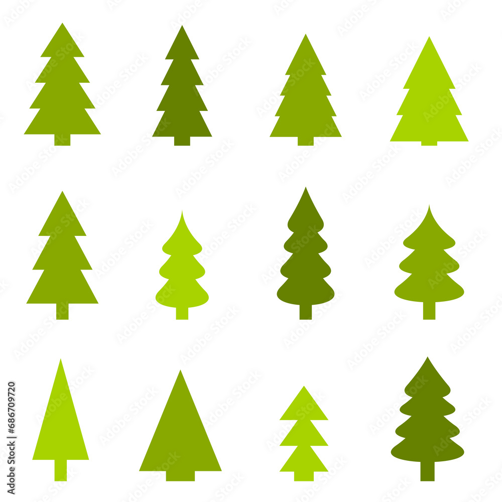 Obraz premium Christmas tree icon collection - green shapes simple set. PNG objects with transparent background.