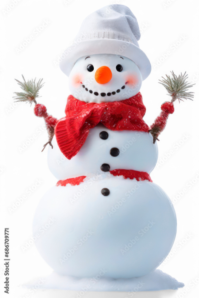 Snowman with grey hat and red scarf isolated on transparent background, png file