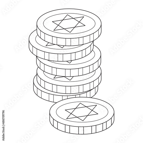Coins, Jewish coins. Happy Hanukkah Illustration. Coloring page. line art design vector illustration seamless coloring book. Separate objects. Hand drawn design elements.