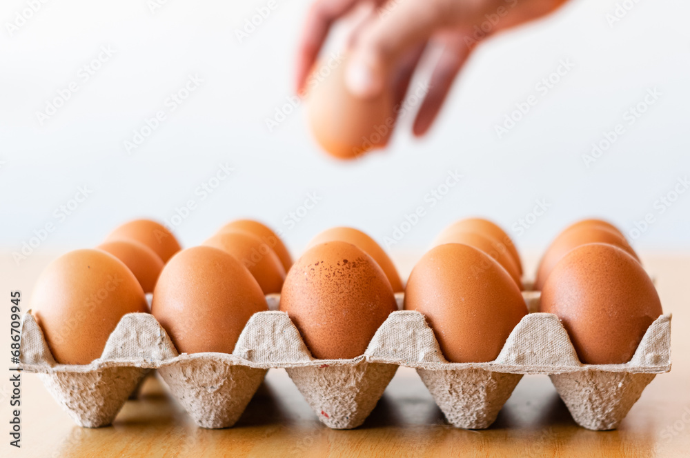 Eggs in a gray container, holding afresh organic egg Eggs in a gray container, holding afresh organic egg