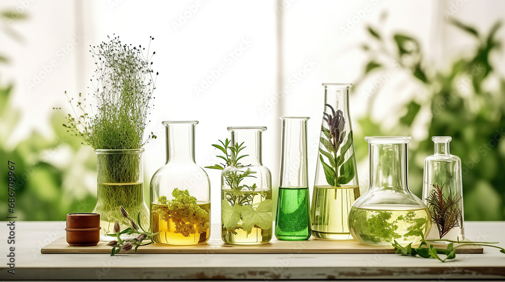 Natural organic botany and scientific glassware, Alternative herb medicine, Natural skin care beauty products, Research and development concept. - obrazy, fototapety, plakaty 