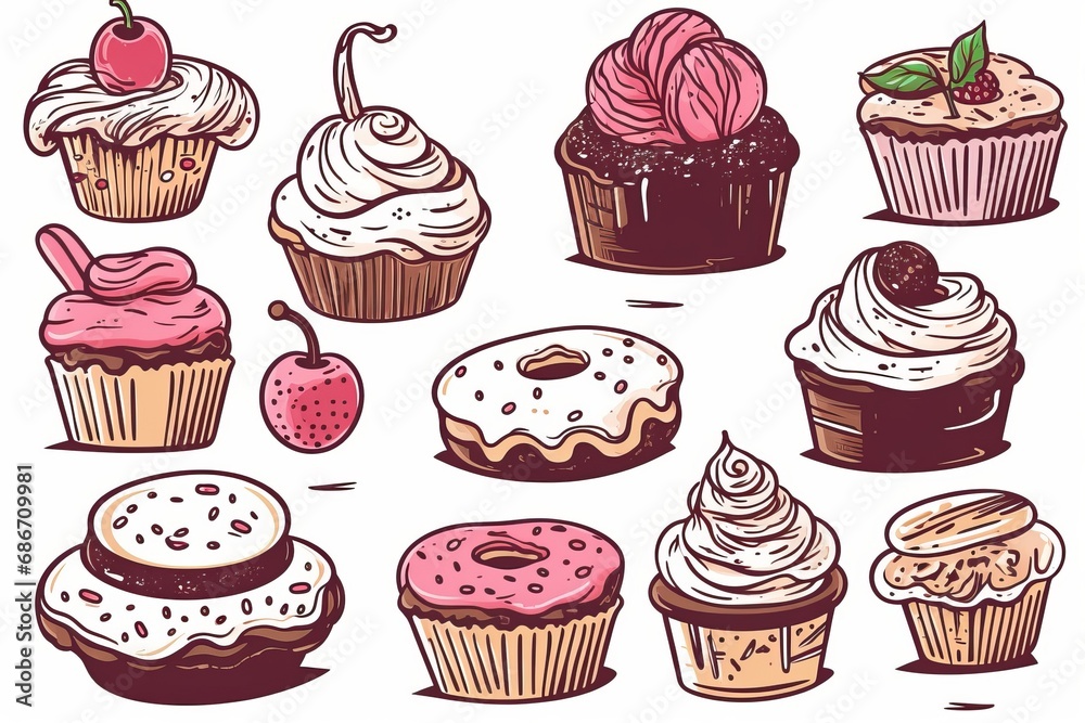 Various sweet desserts, creating a delightful and visually appealing arrangement. Line art style illustration pattern background. Various sweet desserts, creating a delightful and visually appealing arrangement. Line art style illustration pattern background.