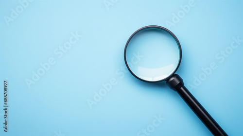 Top view empty lens black magnifying glass on white blue pastel background. Flat lay object and inspection investigate science equipment tool concept. Police and Ciencia forense theme. Copy space.