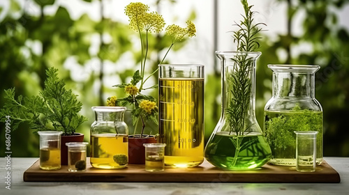 Natural organic botany and scientific glassware, Alternative herb medicine, Natural skin care beauty products, Research and development concept. photo