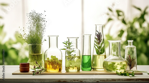 Natural organic botany and scientific glassware, Alternative herb medicine, Natural skin care beauty products, Research and development concept. photo