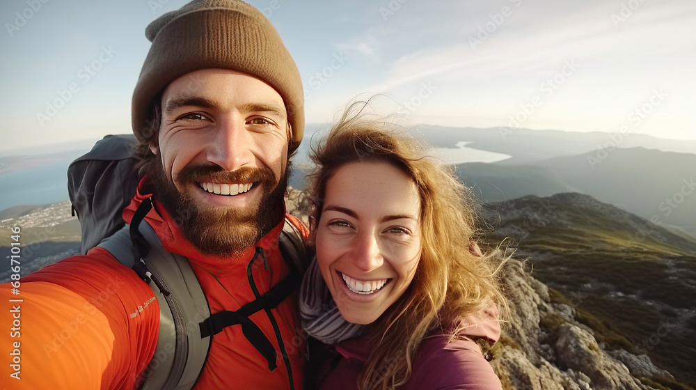 Young hiker couple taking selfie portrait on the top of mountain - Happy guy smiling at camera - Tourism, sport life style and social media influencer concept.