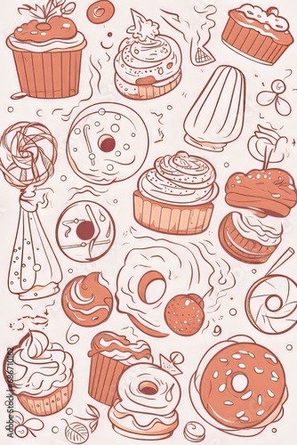 Various sweet desserts, creating a delightful and visually appealing arrangement. Line art style illustration pattern background. 