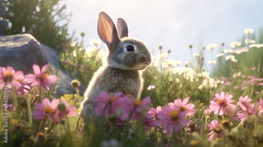 cute bunny realistic hd 4k glade flowers sunny colorful.Generative AI cute bunny realistic hd 4k glade flowers sunny colorful.Generative AI