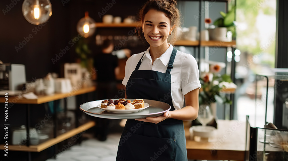 Female barista serving coffee and cake on a tray. Female barista serving coffee and cake on a tray.