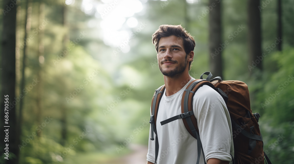 A male traveler walks through the woods. Beautiful wild nature landscape in forest. Hiking journey on tourist trail. Outdoor adventure. Travel and exploration. Healthy lifestyle. Generated AI A male traveler walks through the woods. Beautiful wild nature landscape in forest. Hiking journey on tourist trail. Outdoor adventure. Travel and exploration. Healthy lifestyle. Generated AI