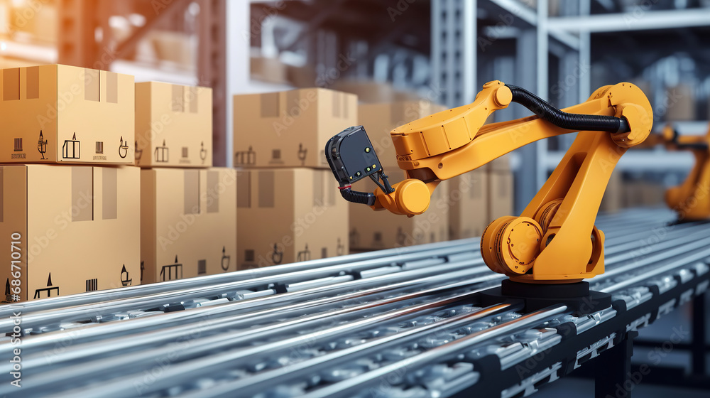 Industrial robot arm grabbing the cardboard box on roller conveyor rack ...