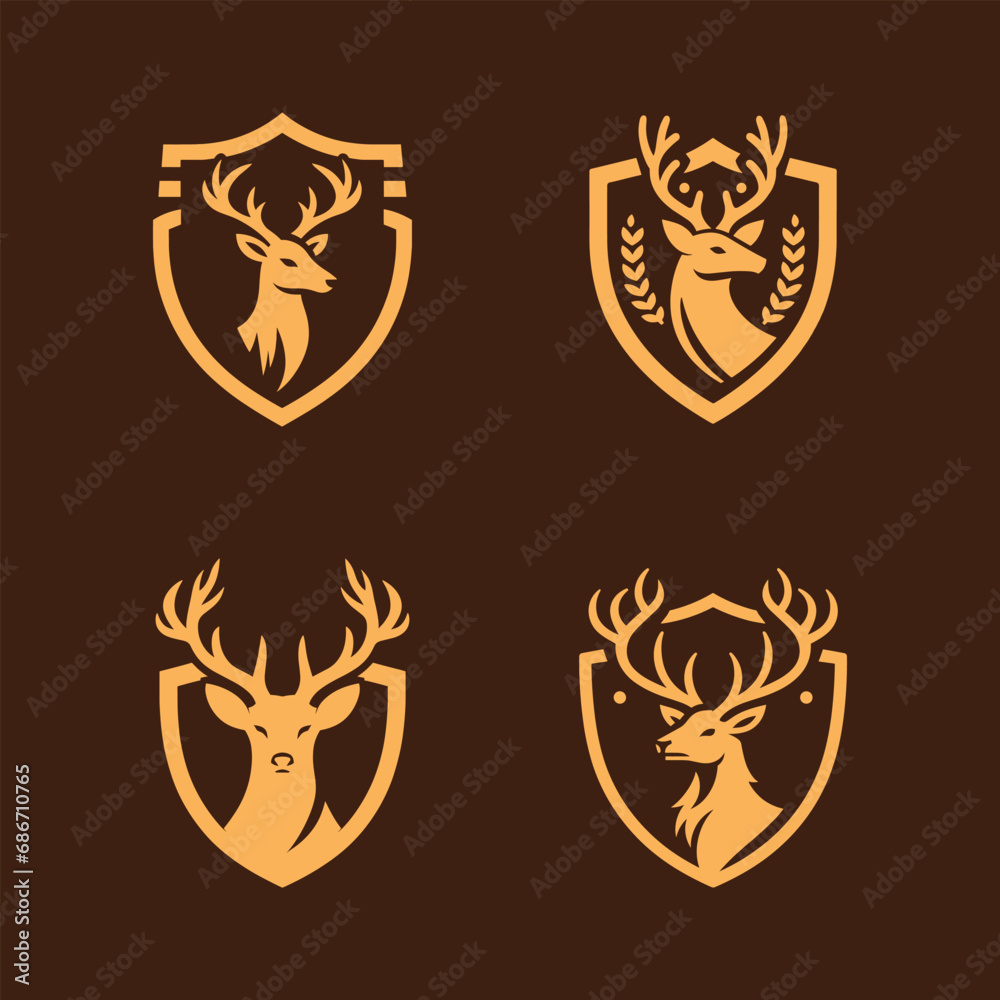 Set of deer logos with shield. Deer logo in modern style. Can be used for hunter club logos Set of deer logos with shield. Deer logo in modern style. Can be used for hunter club logos