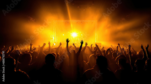 Concert crowd shadows against vibrant yellow stage lights. silhouette concept.