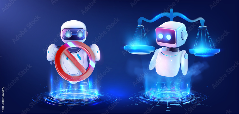 Conceptual Art of Robotic Justice Scale and Prohibition Sign on Digital Background. Symbolizing the judicial law system and artificial intelligence. The ban on robots and artificial intelligence. 
