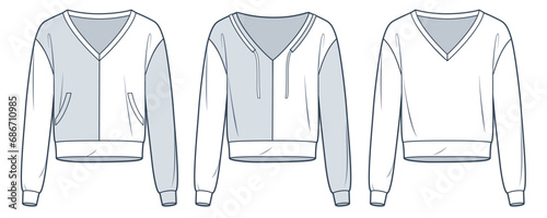 V Neck Sweatshirt technical fashion illustration. Sweaters fashion flat technical drawing template, pockets, long sleeve, relaxed fit, front view, white, grey, women, men, unisex Top CAD mockup set.