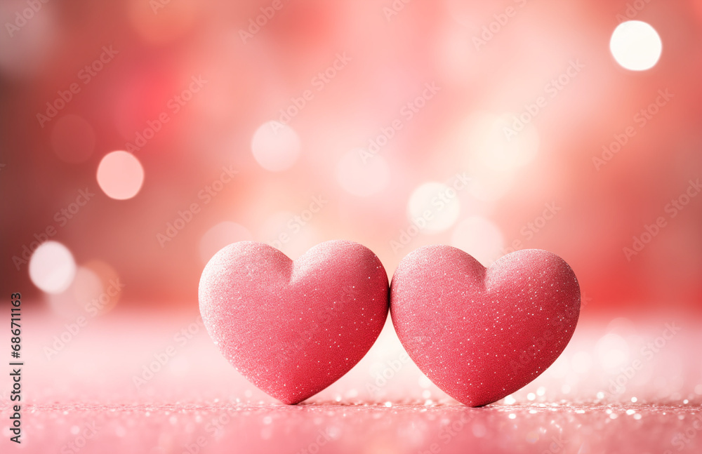 Romantic Valentine's Day Background with Pink Hearts and Rose Bokeh