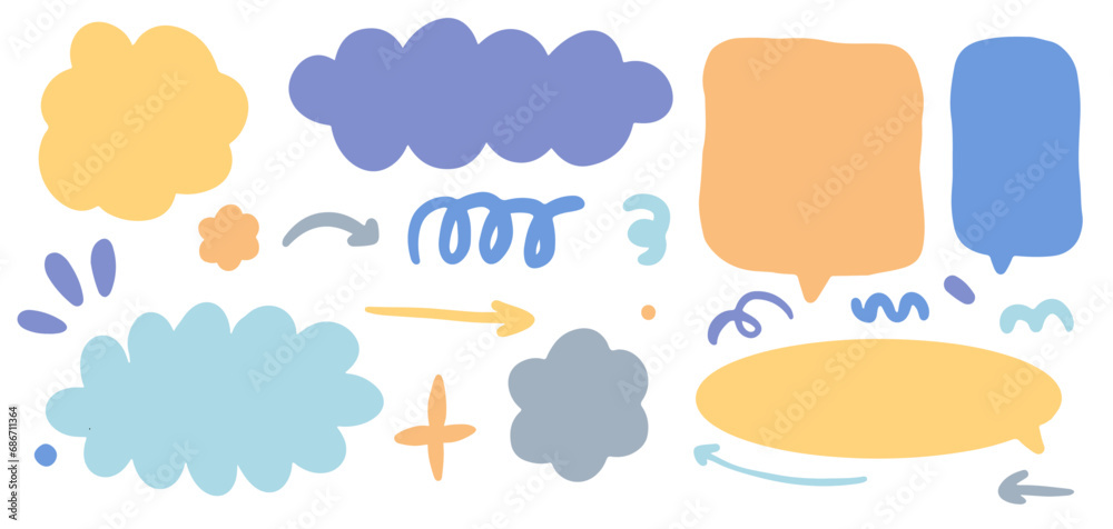 Set of bubble speech doodles for daily planner, hand drawn notebook sheets and arrows. Color pencil goodnotes digital stickers, blank diary aesthetic elements vector for illustrator Set of bubble speech doodles for daily planner, hand drawn notebook sheets and arrows. Color pencil goodnotes digital stickers, blank diary aesthetic elements vector for illustrator