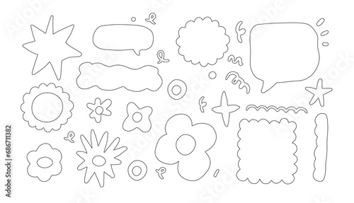 Set of abstract retro shapes. Vector sticker pack. Collection of contemporary forms, funny flower, bubble, star, loop in trendy 70s, 90s groovy style. Pencil handrawn. Outline stroke, black & white photo