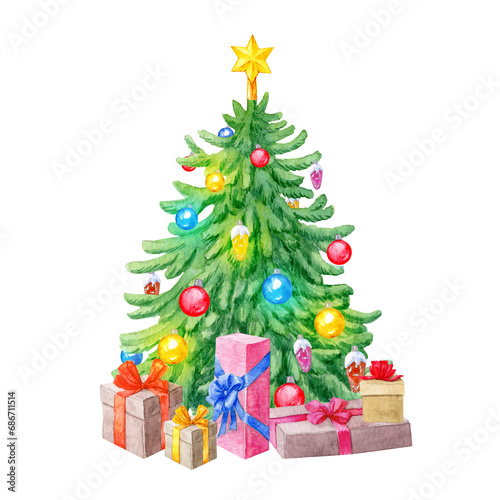 Watercolor Christmas tree with multicolored balls and gift boxes