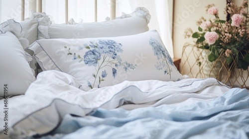 A close up of a bed with a bunch of pillows