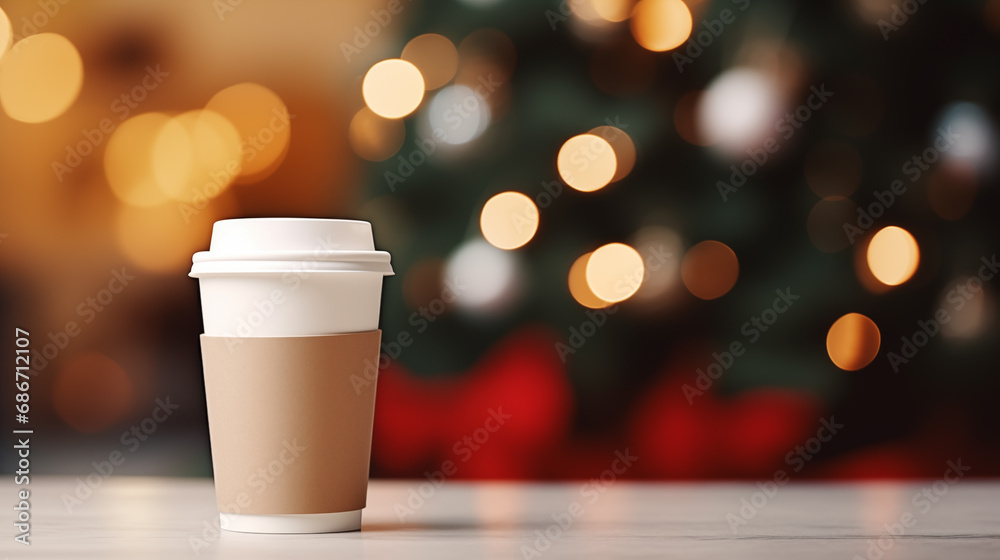 Paper cup with coffee сlose up. Coffee cup. Christmas tree with lights on the background. Holiday season. Time for drink coffee. Coffee to go. Take a break. Disposable paper cup. Mockup. Generated AI Paper cup with coffee сlose up. Coffee cup. Christmas tree with lights on the background. Holiday season. Time for drink coffee. Coffee to go. Take a break. Disposable paper cup. Mockup. Generated AI