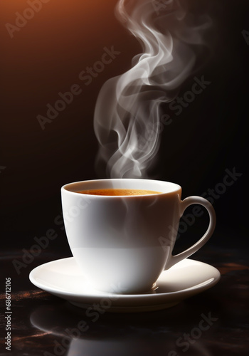 Cup of steaming coffee on dark background. AI generated