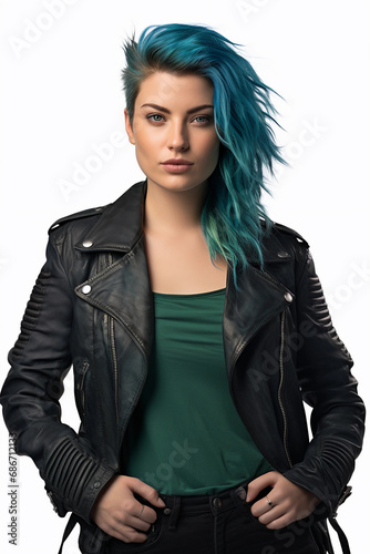 Vibrant Blue-Haired 24-Year-Old: Confident Young Woman with Phoenix Tattoo, Green Eyes, Stylish Leather Jacket, and Combat Boots - Isolated on White, generative ai