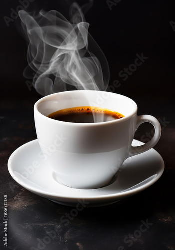 Cup of steaming coffee on dark background. AI generated