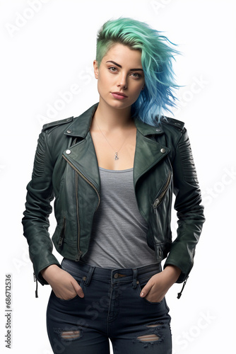 Vibrant Blue-Haired 24-Year-Old: Confident Young Woman with Phoenix Tattoo, Green Eyes, Stylish Leather Jacket, and Combat Boots - Isolated on White, generative ai