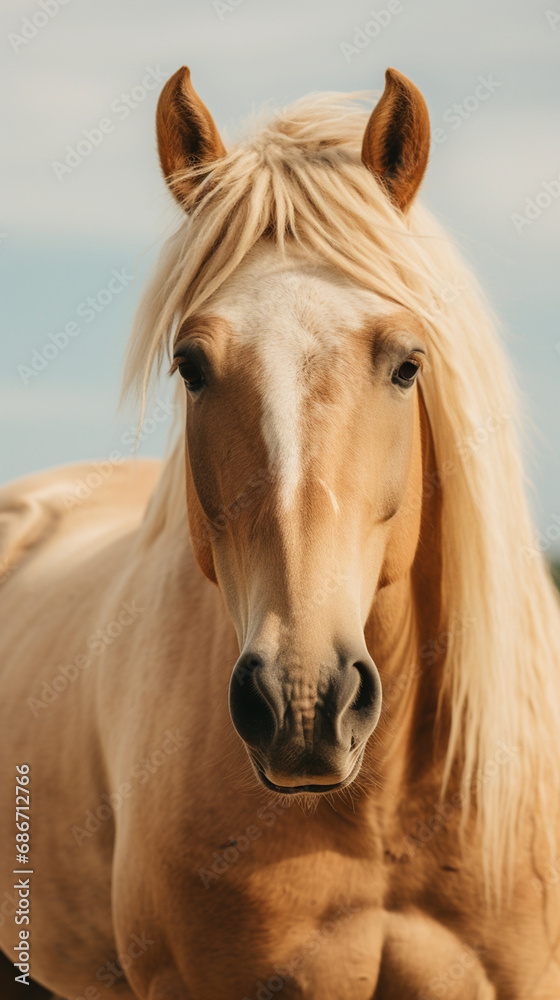 Fototapeta premium Ultra minimalism photography of a horse, pastel color phone background created with Generative Ai