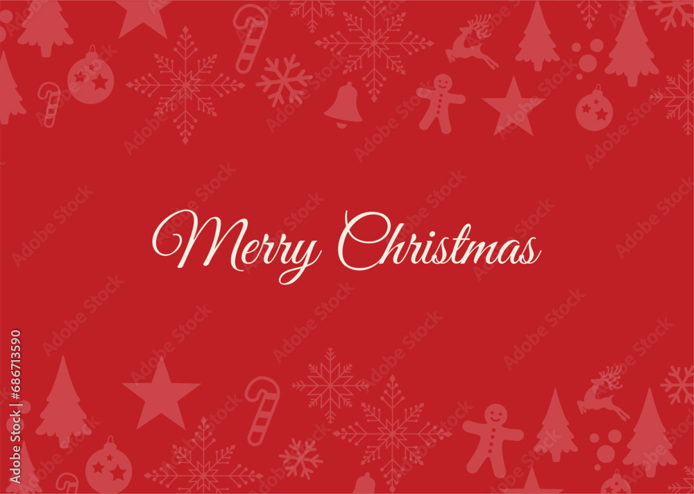 Red Background Greeting Card with Merry Christmas Decorations Vector Illustration.