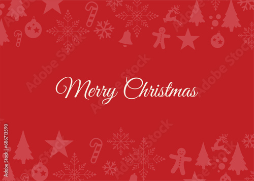 Red Background Greeting Card with Merry Christmas Decorations Vector Illustration.