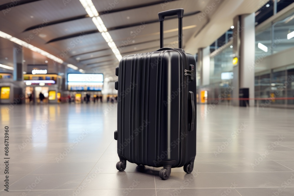 Suitcase in empty airport corridor. Travel concept.