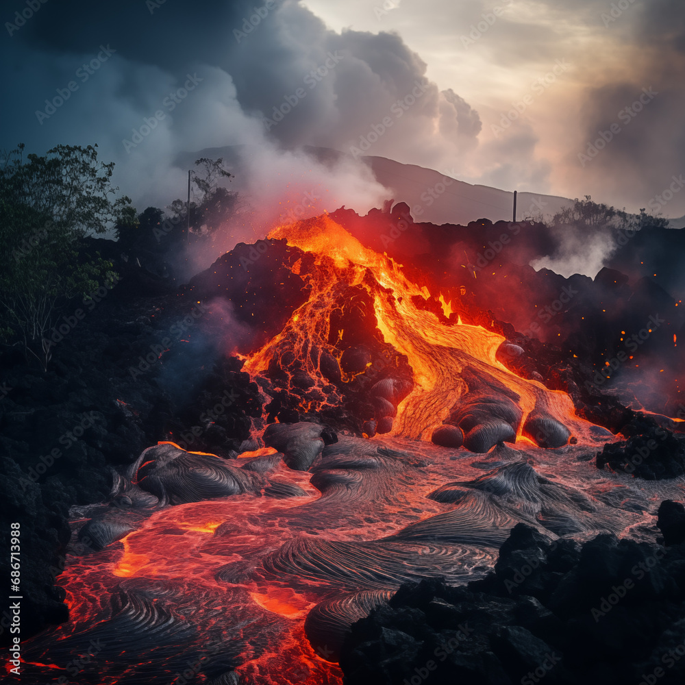 Volcano with lava flowing down it Volcano with lava flowing down it