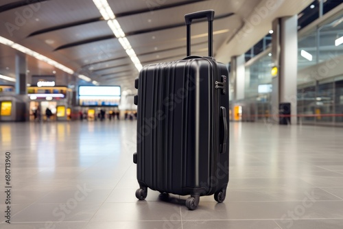 Suitcase in empty airport corridor. Travel concept.