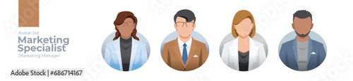 Marketing Specialist picture avatar icons. Illustration of men and women wearing office suit