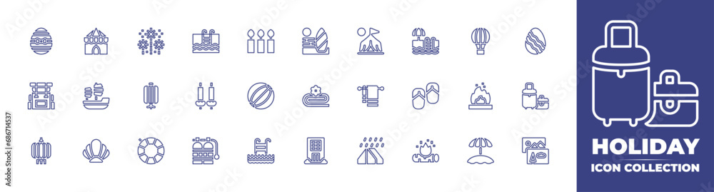 Holiday line icon collection. Editable stroke. Vector illustration. Containing camp, swimming pool, towel, flip flops, tent, bonfire, easter egg, backpack, luggage, sail boat, chinese lantern.