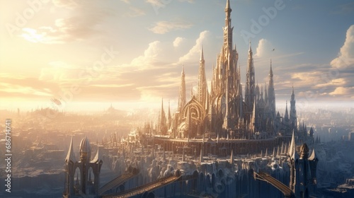 In the heart of a medieval city, let the camera unveil the ornate details of a gothic-style cathedral, its spires reaching towards the heavens photo
