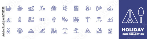 Holiday line icon collection. Editable stroke. Vector illustration. Containing inflatable, camp, swimming pool, sun umbrella, beach umbrella, tent, towel, boat, camping tent, suitcase, bonfire.