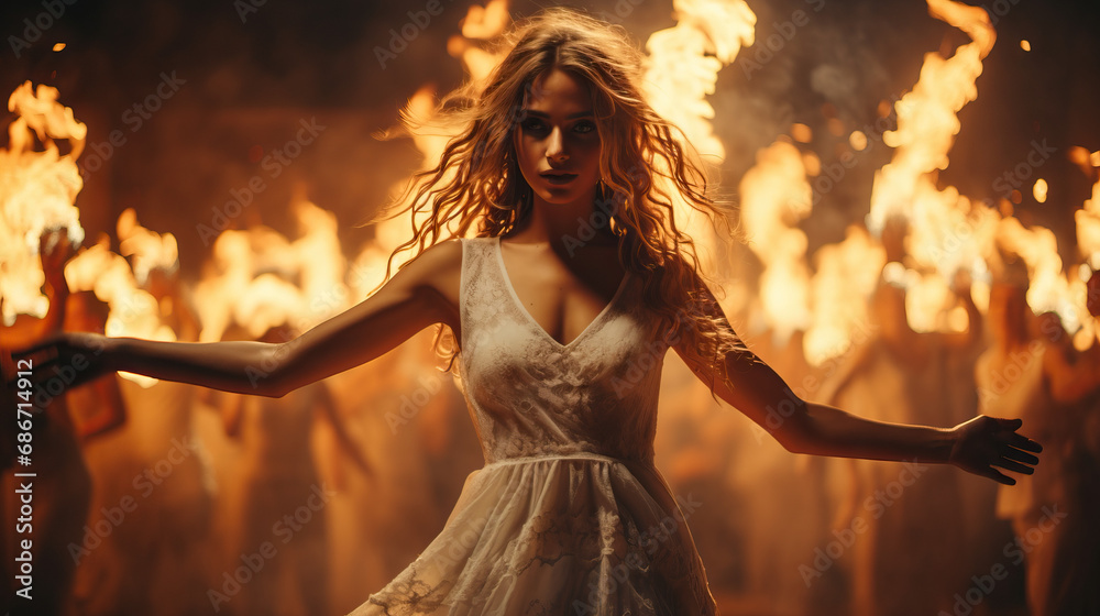 Woman in a white dress dancing around the fire at night. Concept of Mystical Rituals, Firelight Elegance, and Celebrating Nature's Energies.