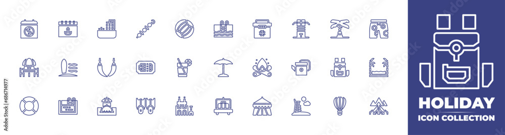 Holiday line icon collection. Editable stroke. Vector illustration. Containing swimming pool, sun umbrella, luggage cart, activities, camping, palm tree, pants, backpack, ocean, bathtub, hammock, bar.