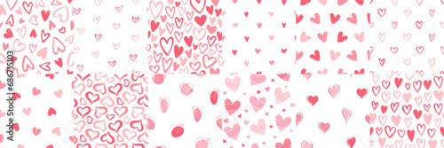 Hearts seamless vector patterns big set. Valentine's Day hand drawn artistic backgrounds collection. Marker, chalk, ink, brush drawn different doodle uneven heart shapes, outline strokes, silhouettes.