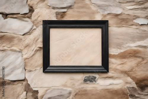 slate blackboard template , blank wooden framed chalkboard hanging on anciant stone wall  photo