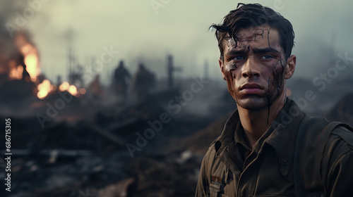 World War 2 soldier on the battlefield. Concept of Historical Conflict, Valor, and the Grit of War.