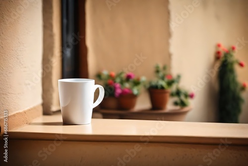 white tea cup in minimalist beige interior