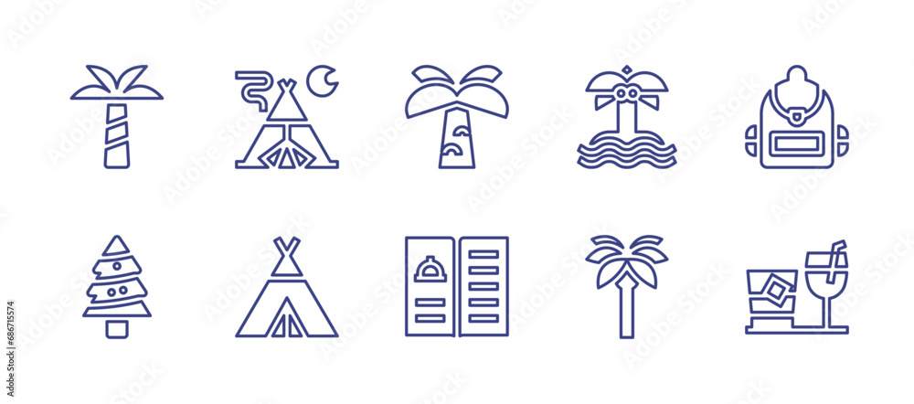 Holiday line icon set. Editable stroke. Vector illustration. Containing palm tree, backpack, tent, island, christmas tree, menu, cocktails, teepee.