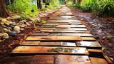 Recycled wooden pallets forming an elegant pathway, inviting viewers to appreciate the aesthetics of repurposed materials in everyday life