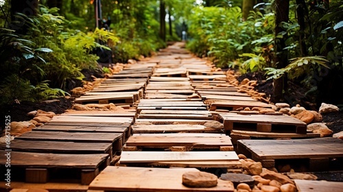 Recycled wooden pallets forming an elegant pathway, inviting viewers to appreciate the aesthetics of repurposed materials in everyday life
