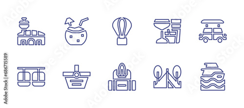 Holiday line icon set. Editable stroke. Vector illustration. Containing airport, hot air balloon, car, coconut water, cocktails, cable car, baggage, yatch, basket, camping tent.